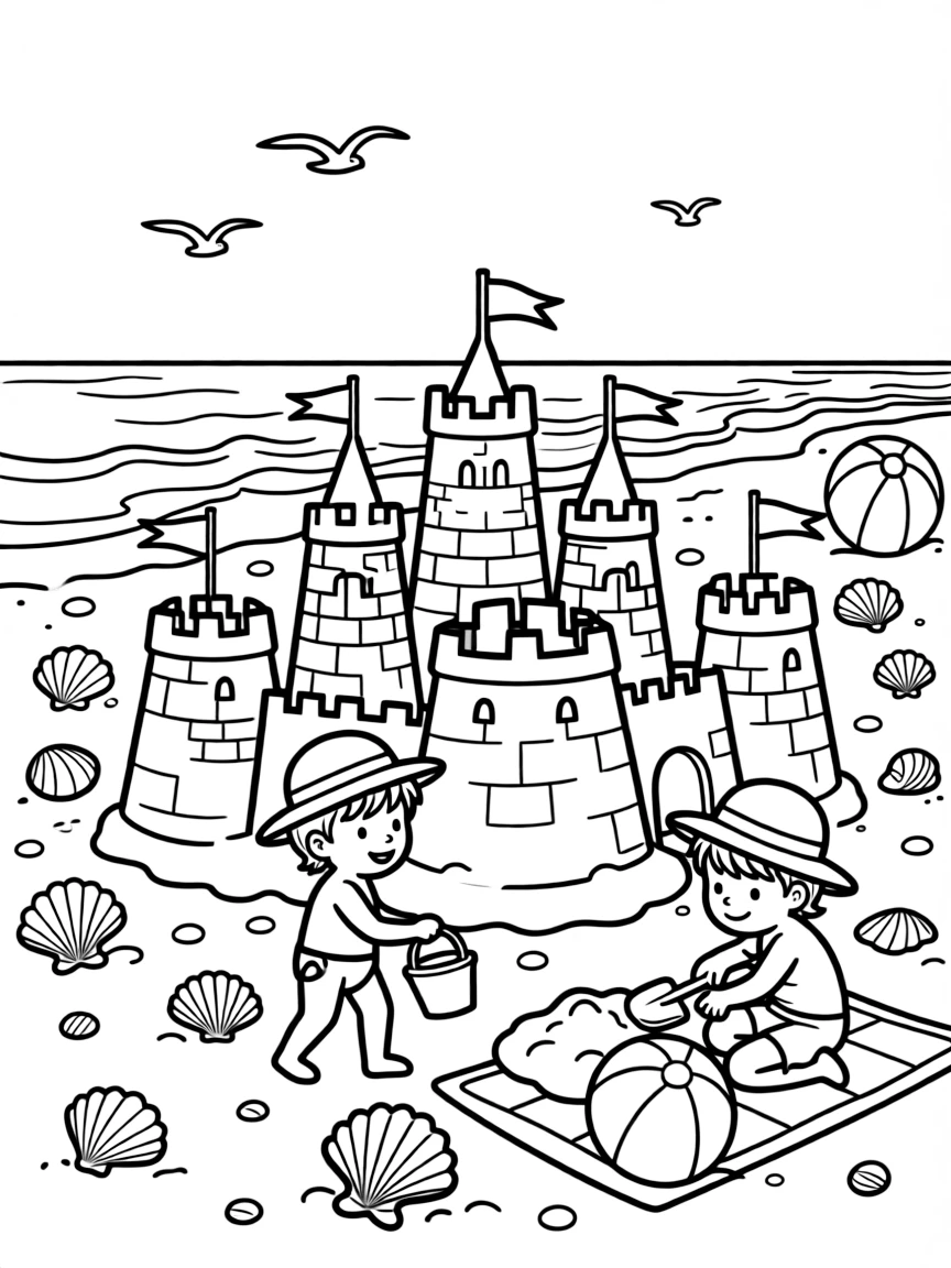 A detailed beach scene with sandcastles and seashells