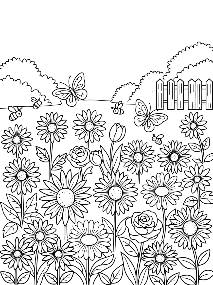 A summer garden in full bloom with butterflies and bees