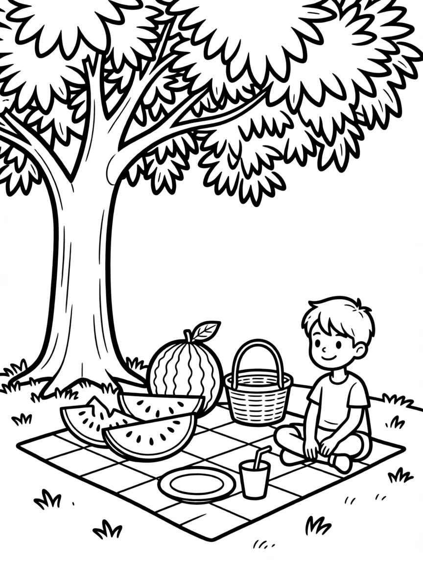 A watermelon picnic spread under a shady tree
