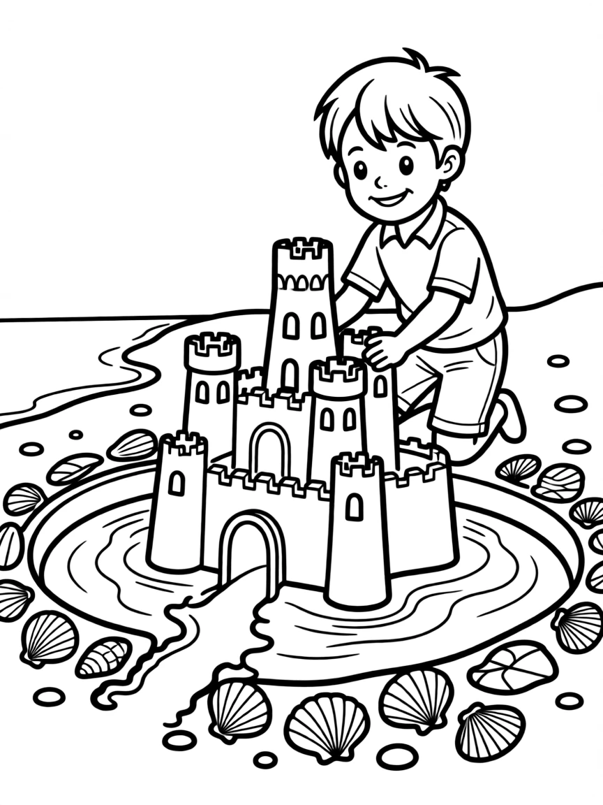Elaborate sandcastles with moats and seashell decorations