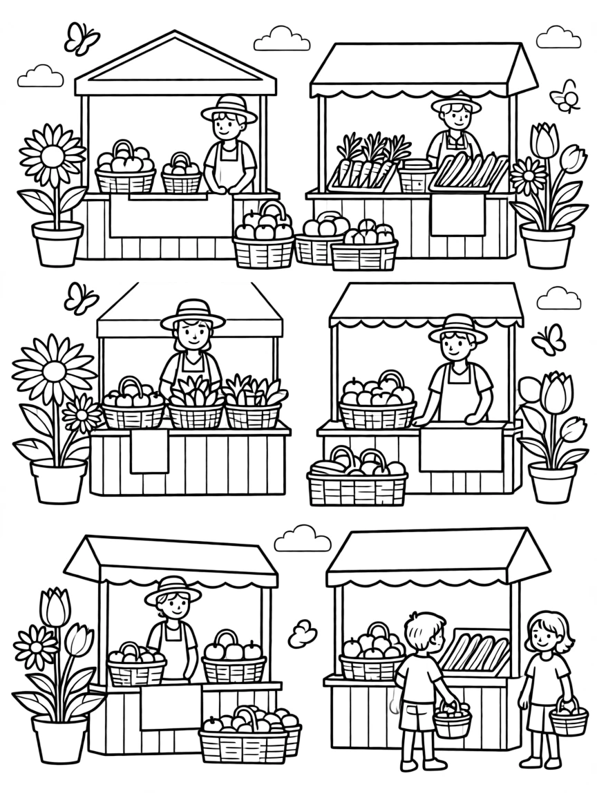 A summer farmers' market with produce stands and flowers
