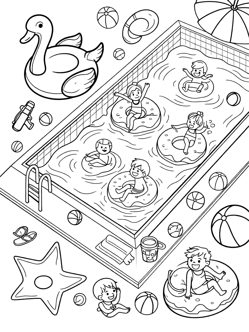 A detailed swimming pool scene with floats and toys