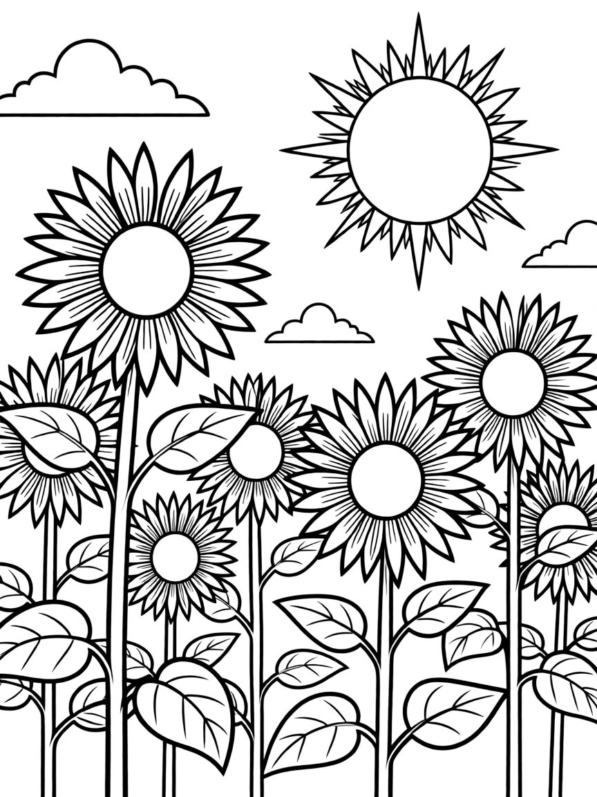 Sunflowers of varying heights turning towards the sun