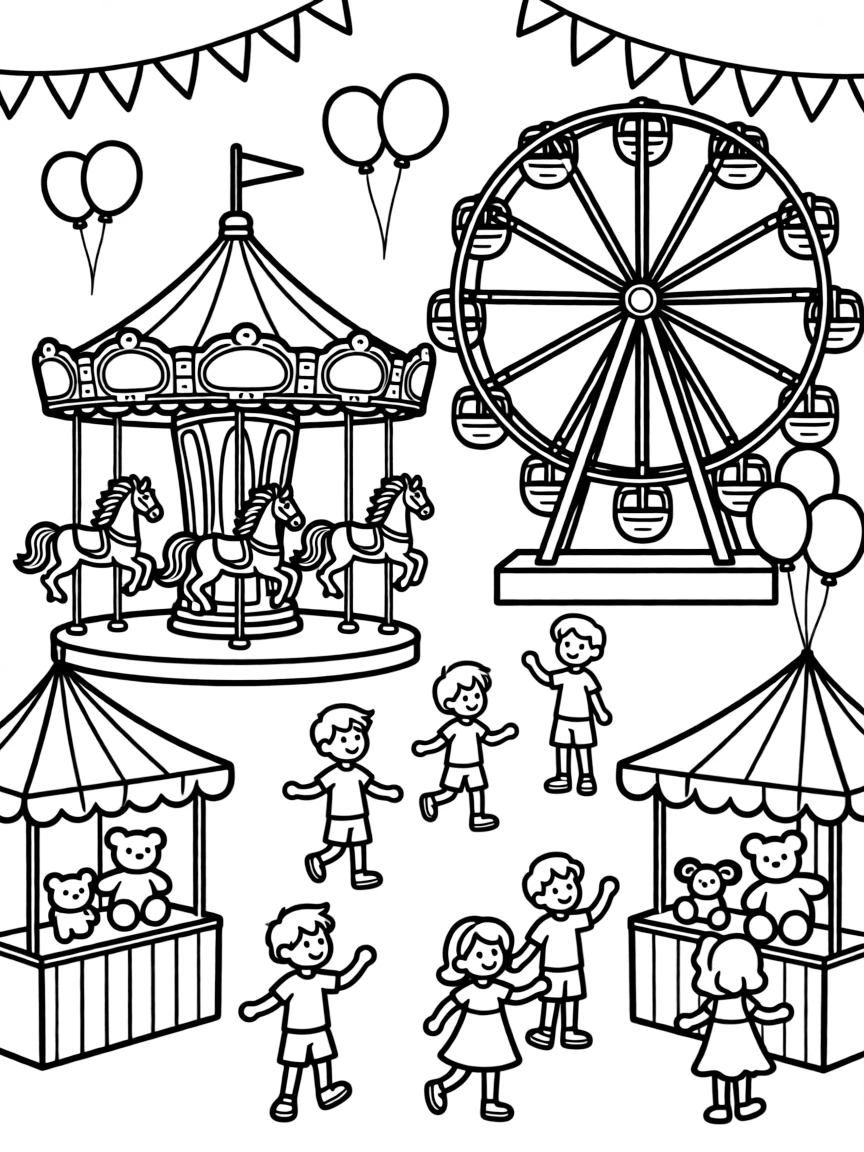 A summer carnival with decorated rides and game booths