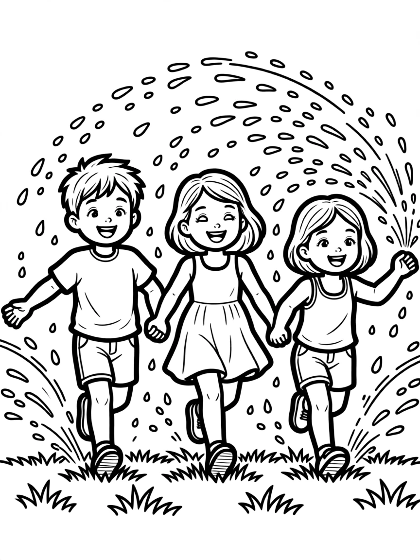 Children running through sprinklers on a hot day