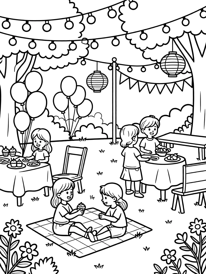 A detailed garden party with string lights and decorations