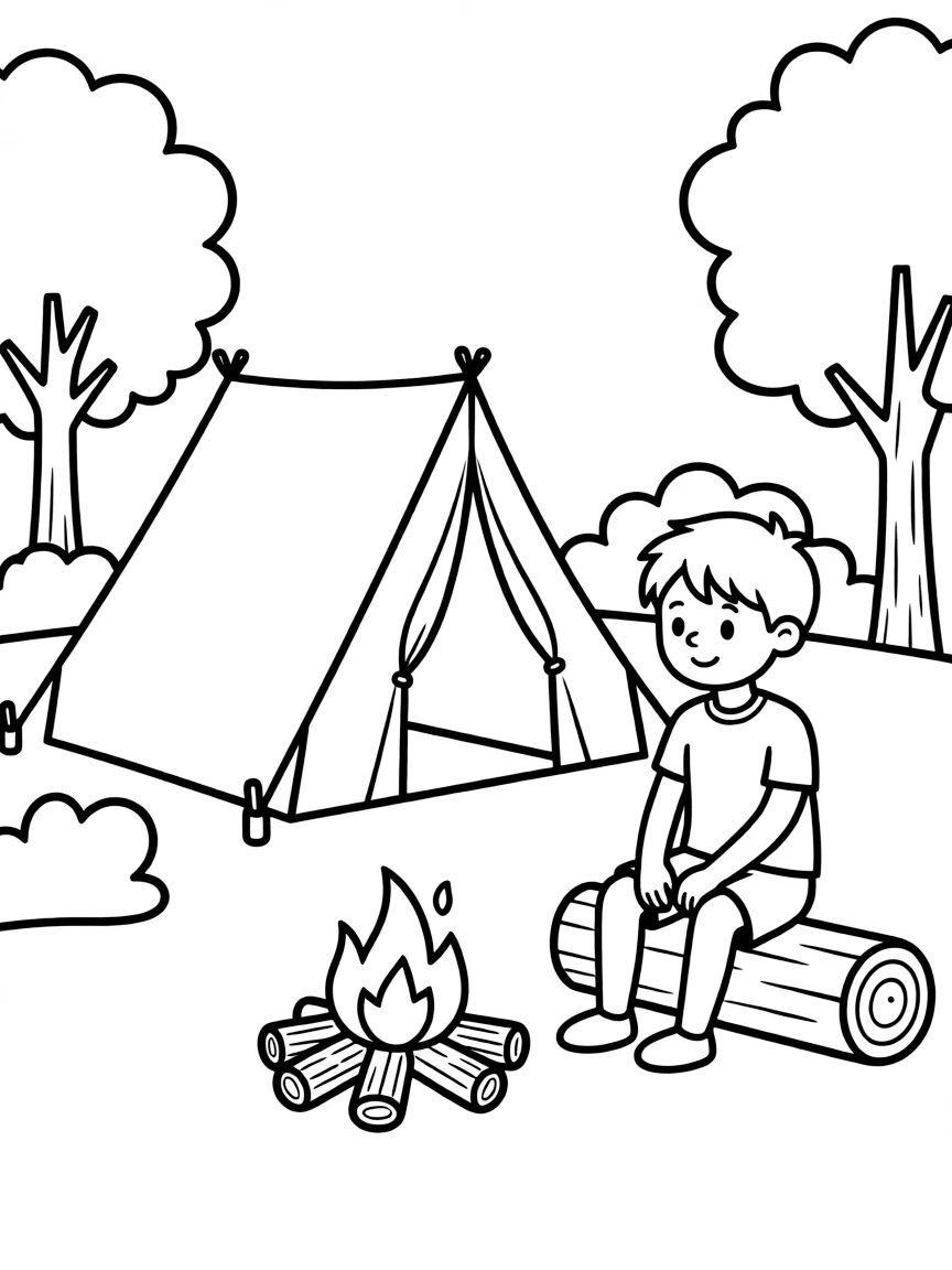 A summer camping scene with a tent and campfire