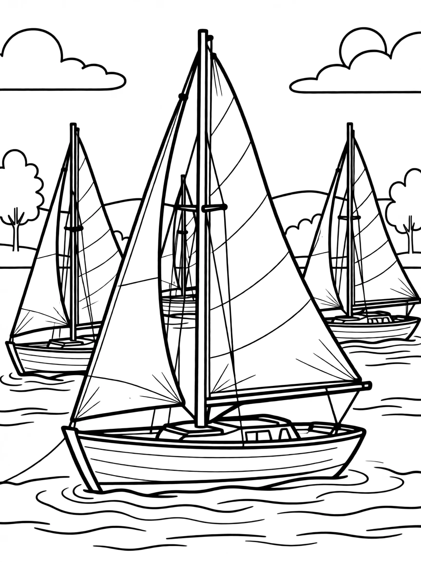 Sailboats on a lake with detailed sails and rigging