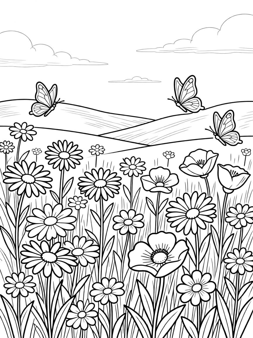 A summer meadow with butterflies and wildflowers