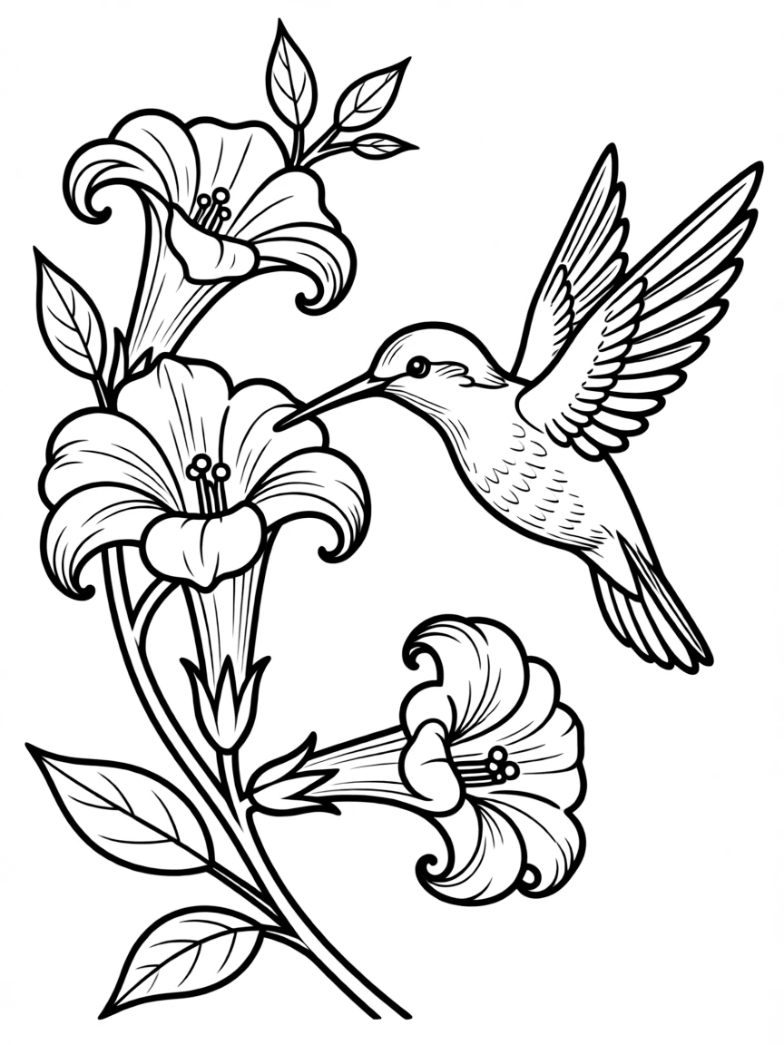A hummingbird feeding from elaborate trumpet flowers