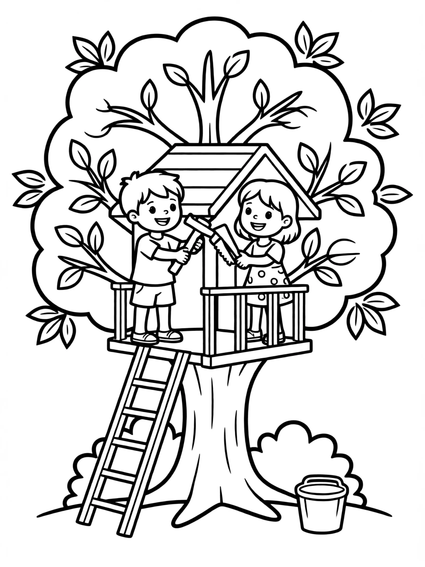 Children building a summer treehouse with details