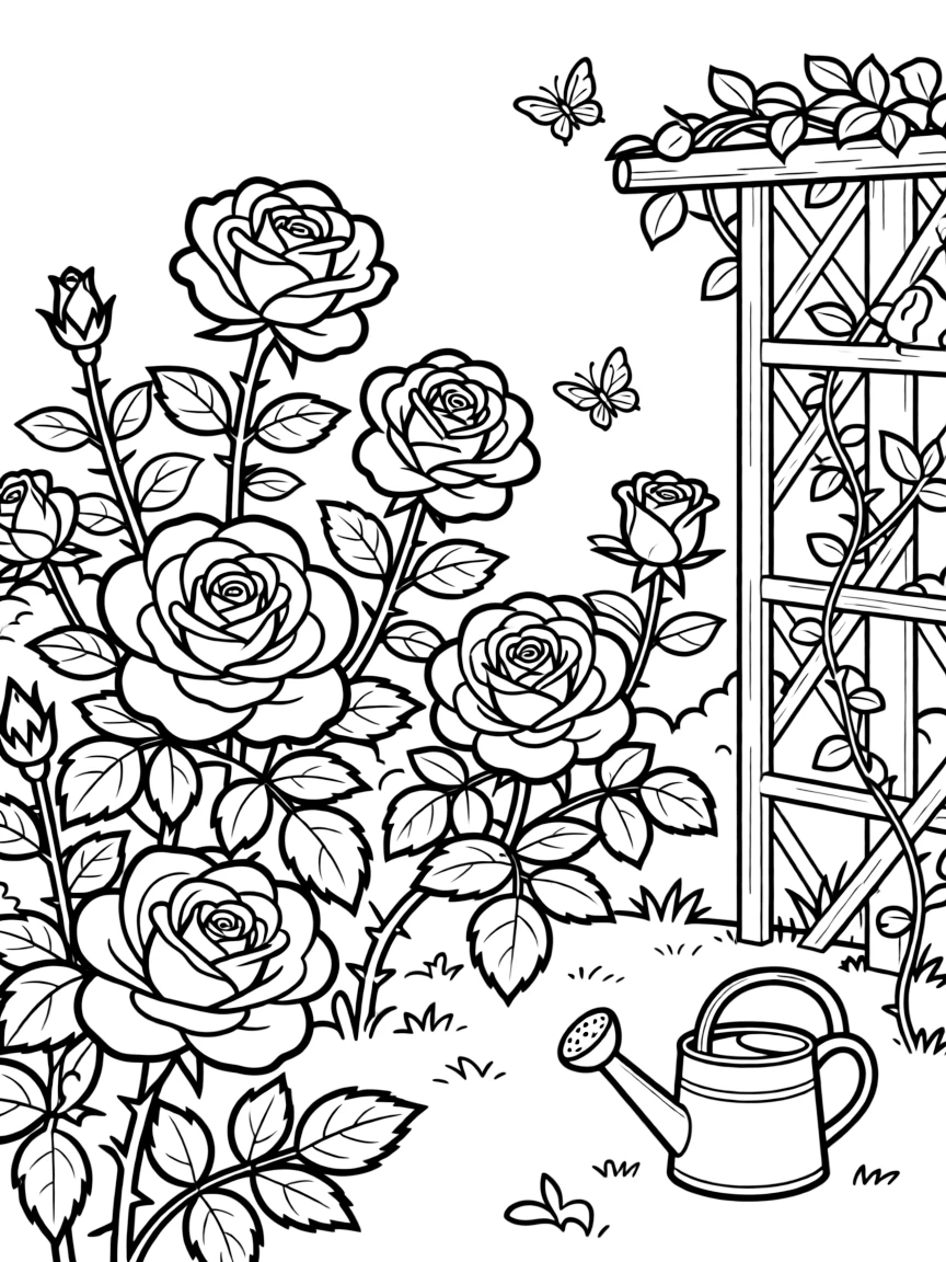 A summer rose garden with various varieties in bloom