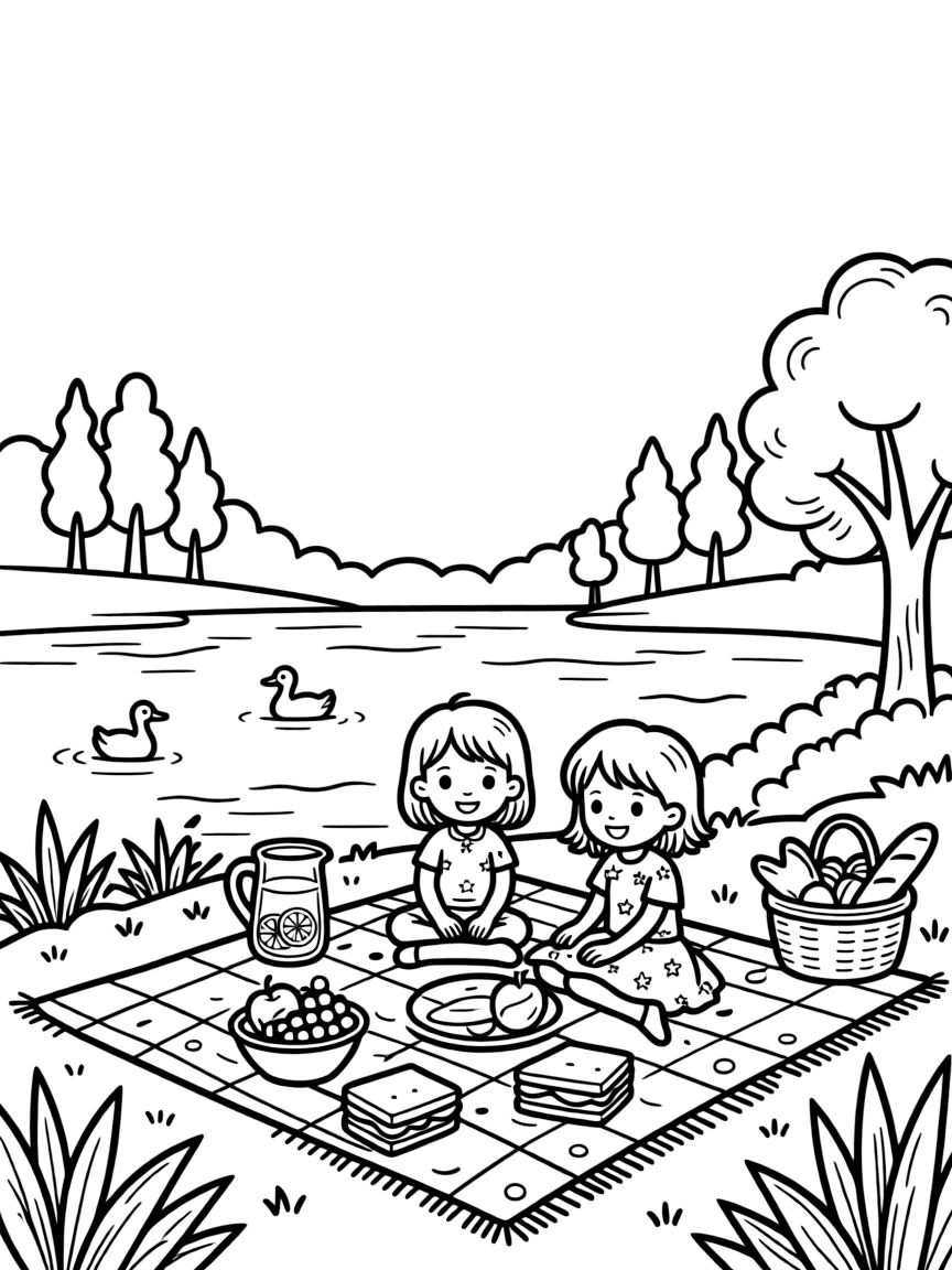 A lakeside picnic with detailed food and blanket patterns