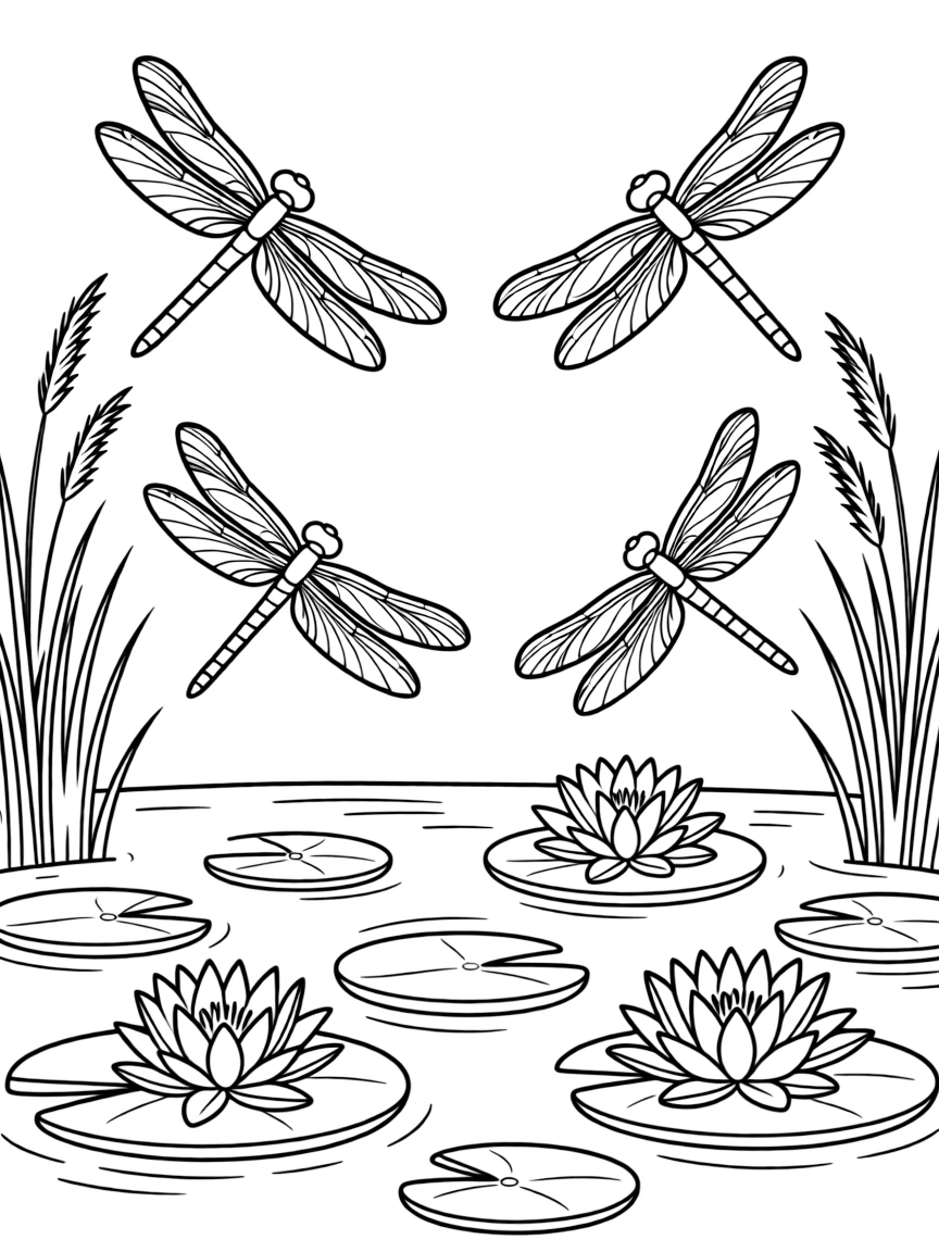 Dragonflies hovering over a summer pond with lilies