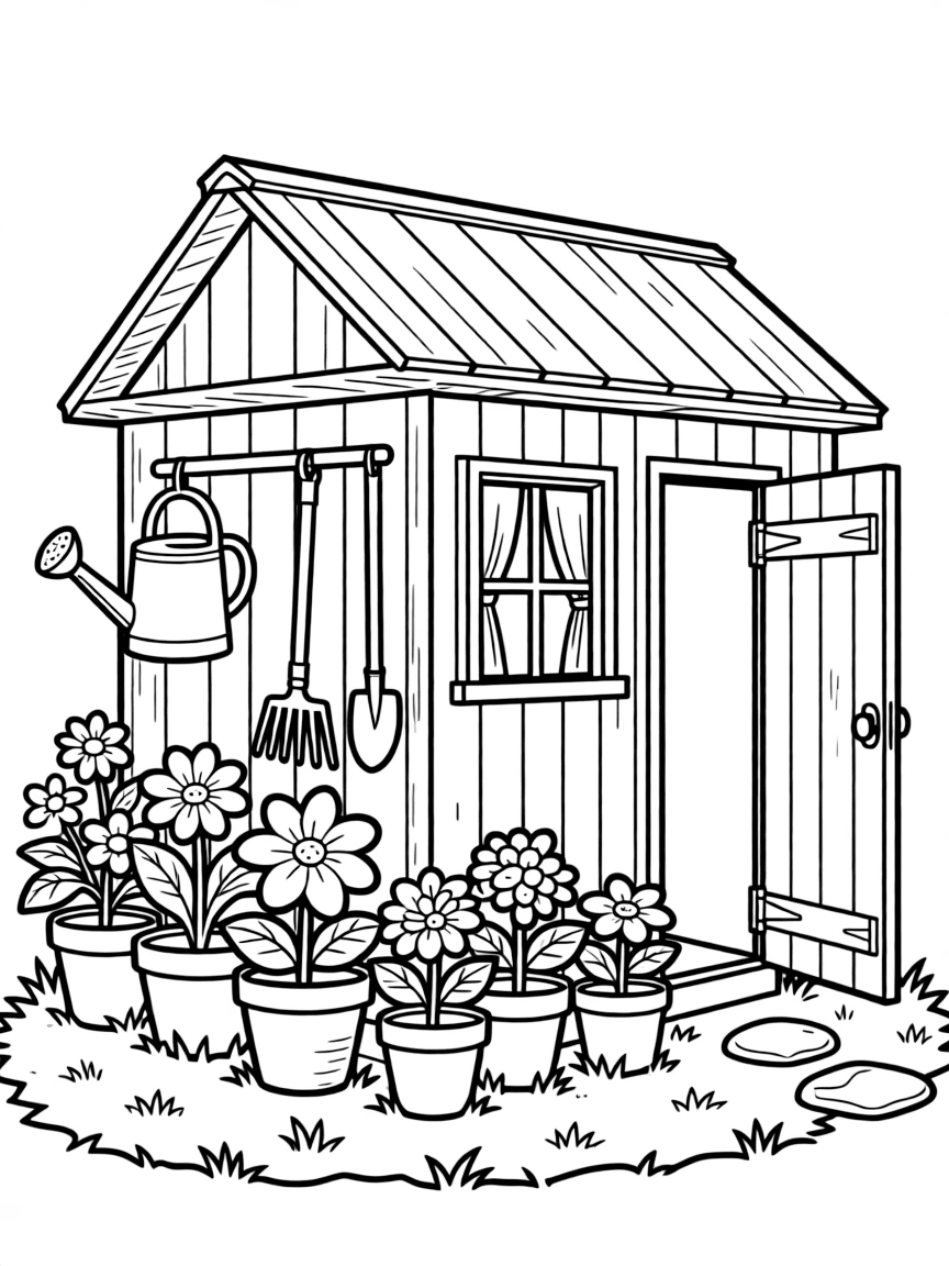 A detailed garden shed with tools and flower pots