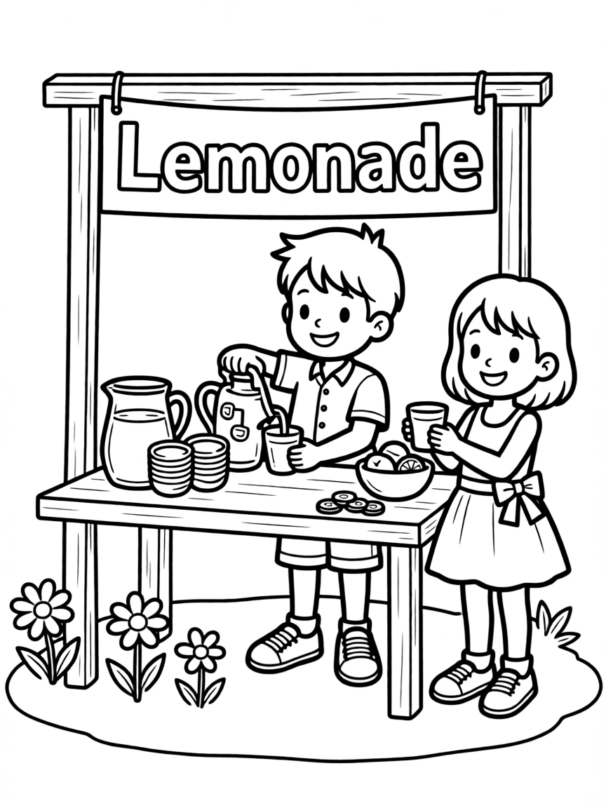 Children selling lemonade at a detailed stand