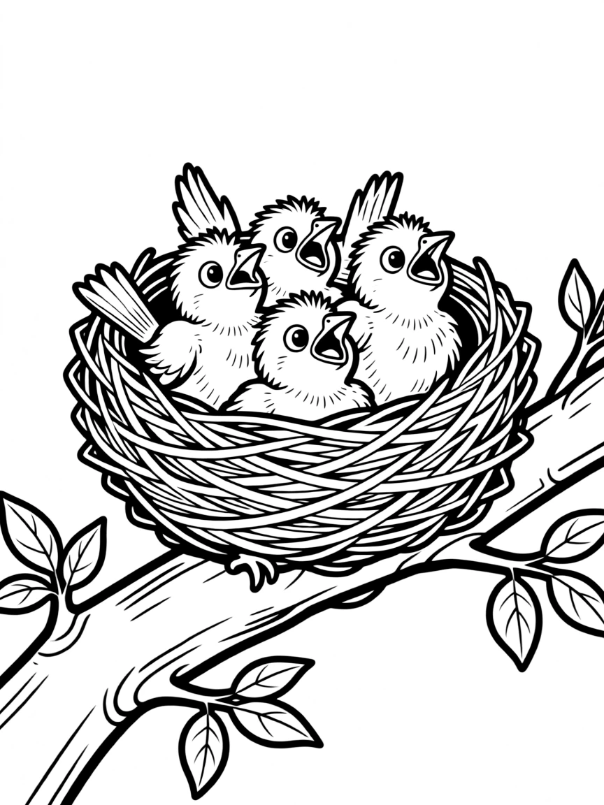 A summer bird's nest with fledglings preparing to fly