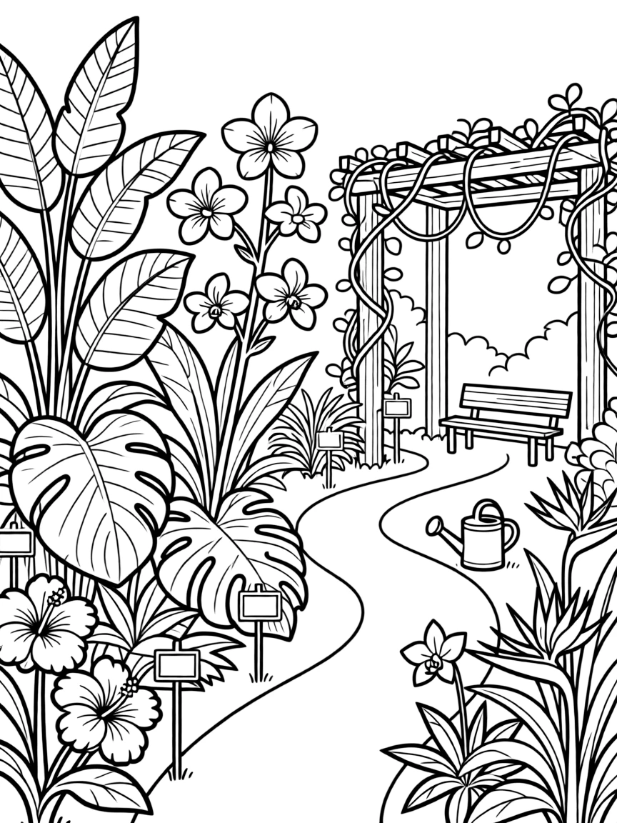A summer botanical garden with labeled exotic plants