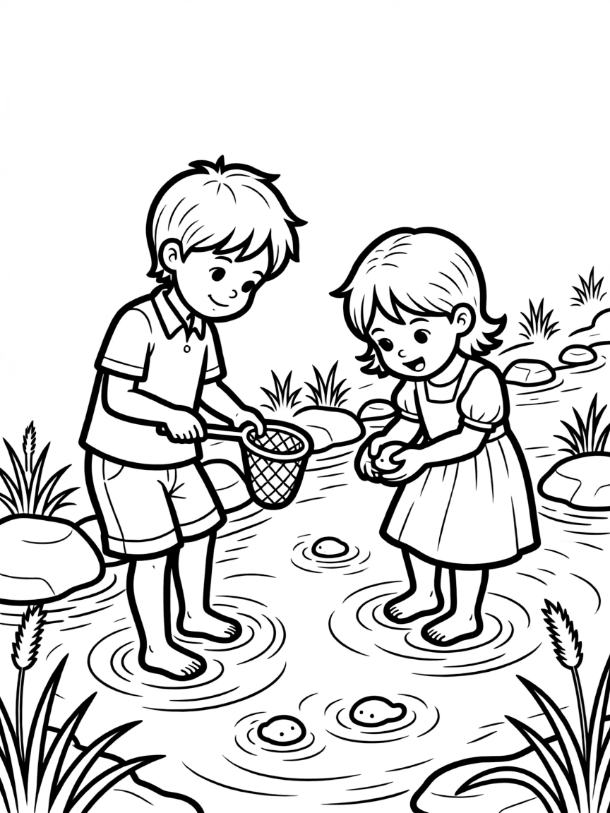 Children wading in a stream catching tadpoles