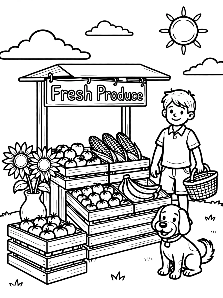 A detailed roadside farm stand with summer produce