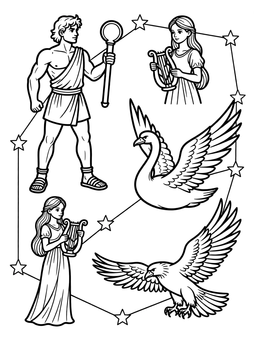 Summer constellations with mythological figures