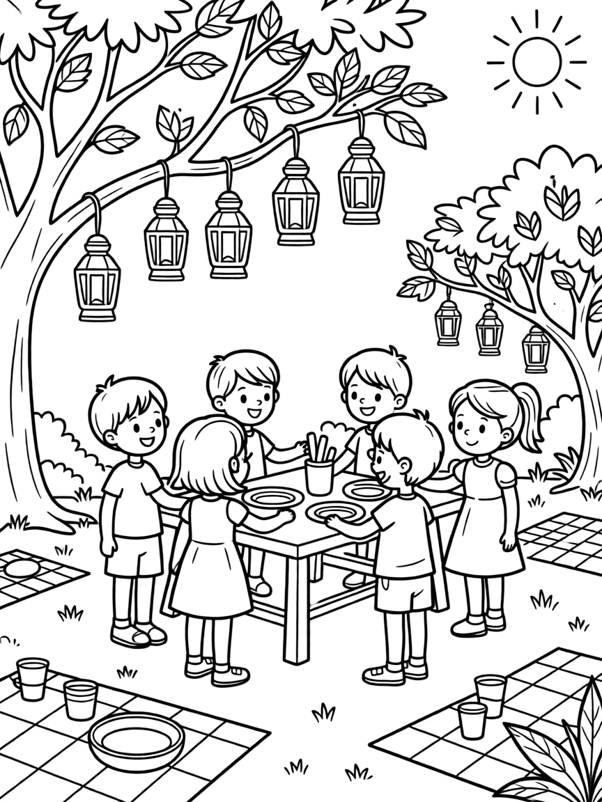 A summer garden party with lanterns hanging from trees