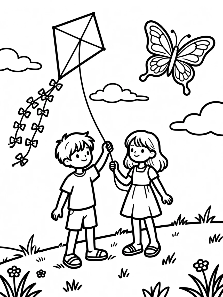 Children flying kites on a breezy summer day