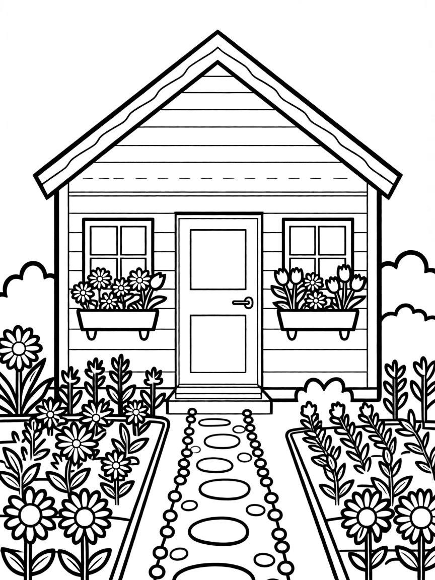 A detailed summer cottage with flower boxes and garden