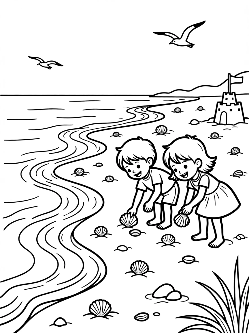 Children collecting shells along a detailed shoreline