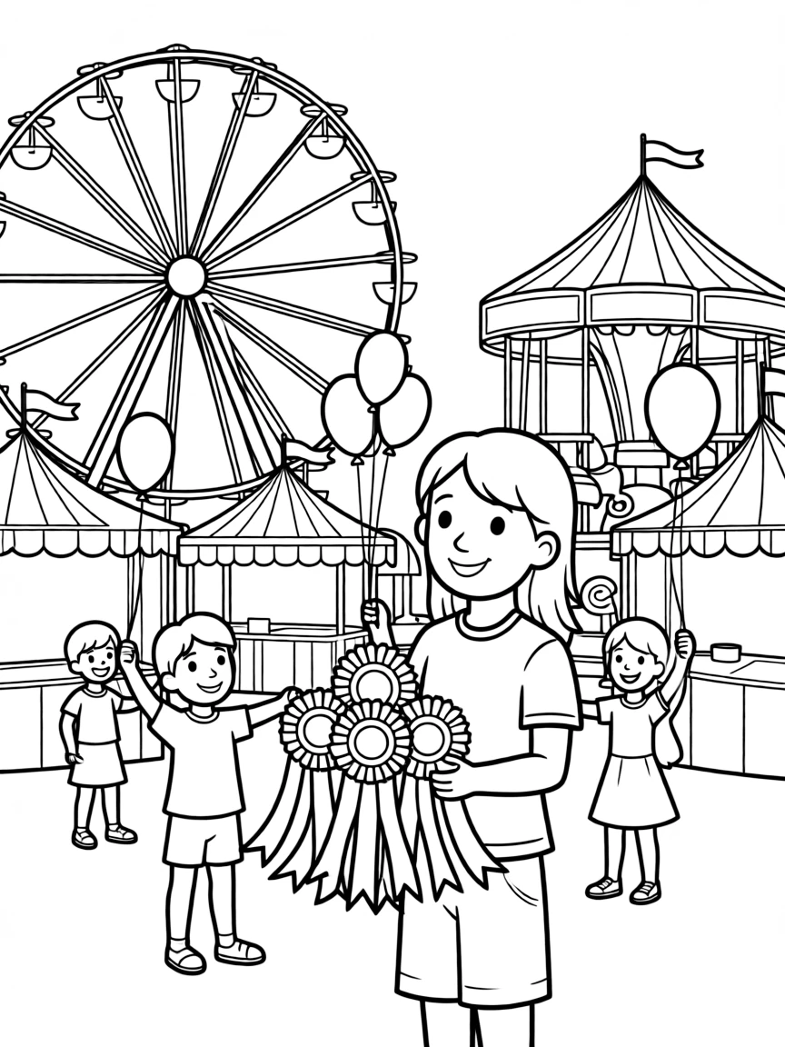 A summer county fair with rides and competition ribbons