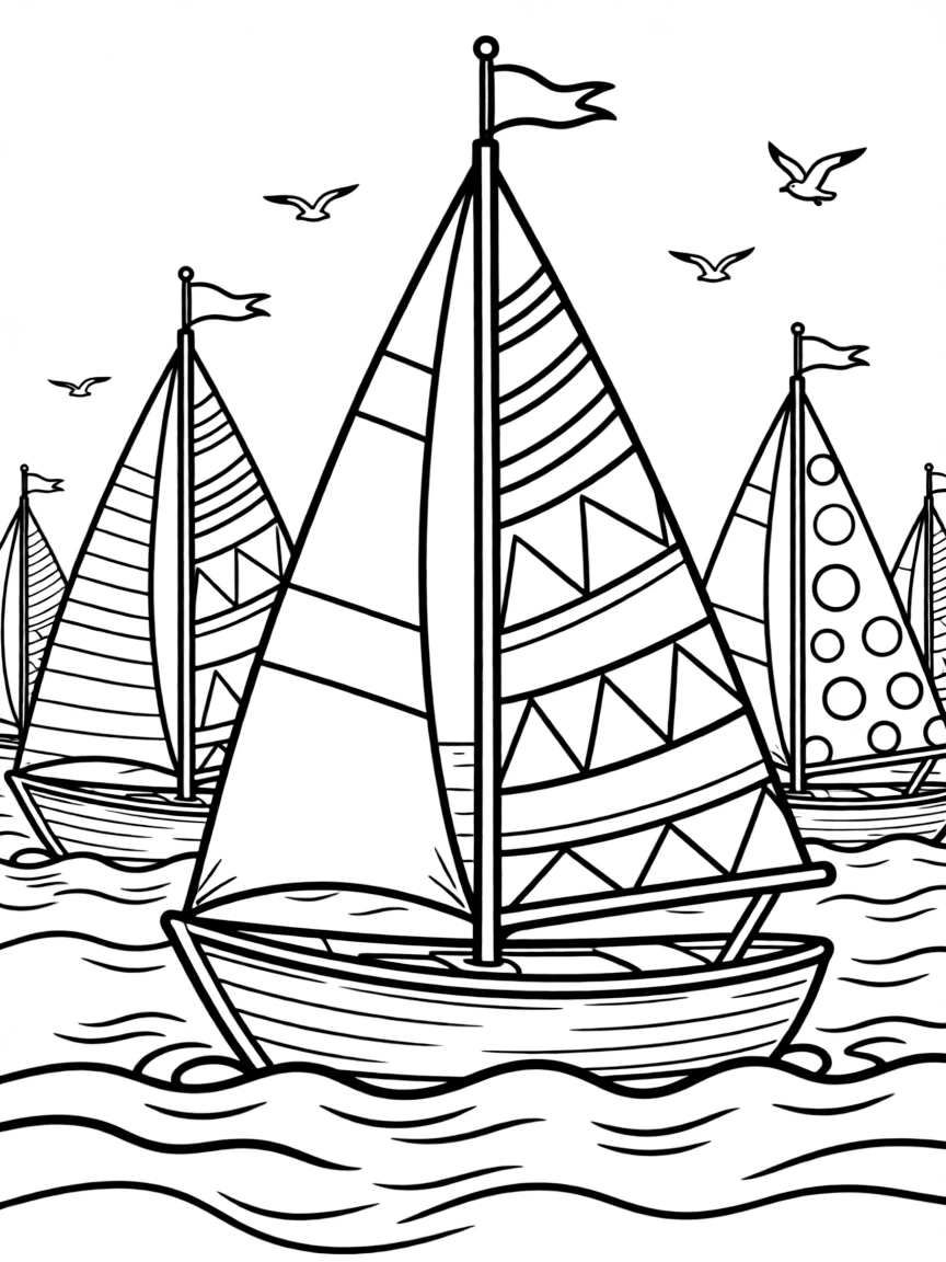 A detailed sailboat regatta with colorful sails