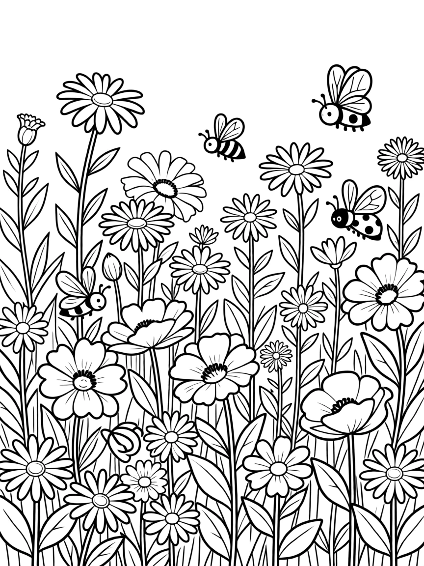 Detailed summer wildflower meadow with pollinators