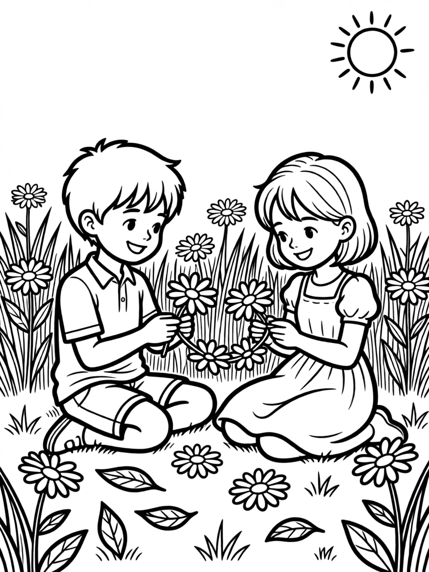 Children making daisy chains in a summer field