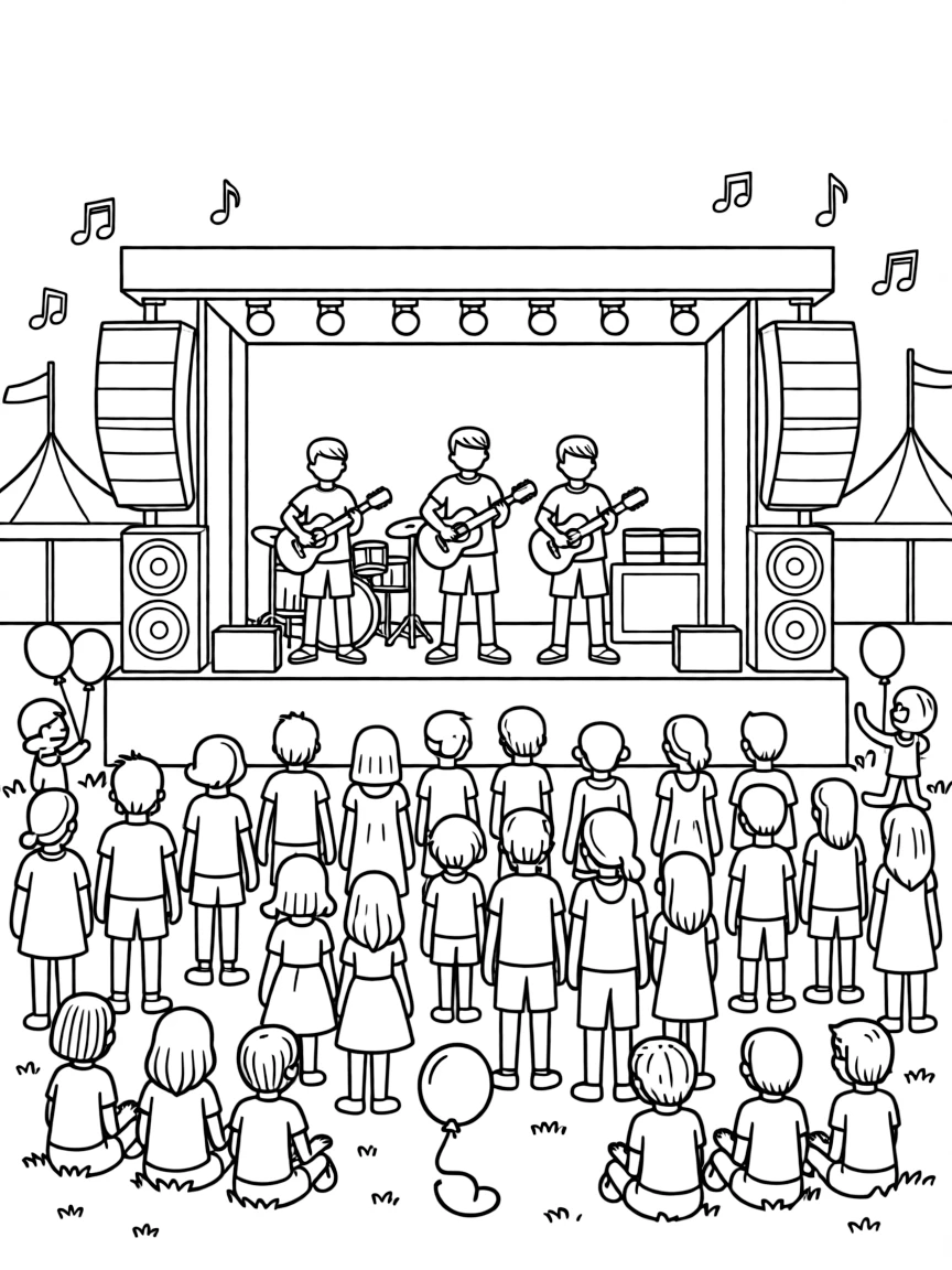 A summer music festival with stage and audience