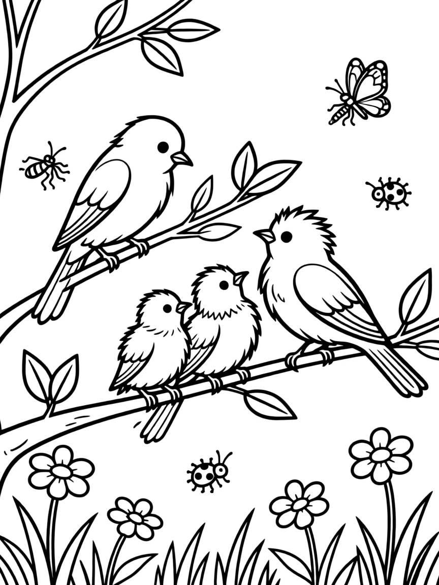 Summer birds teaching fledglings to catch insects