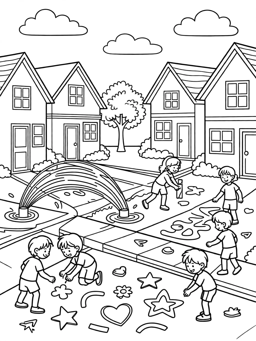 A summer neighborhood with sprinklers and chalk art