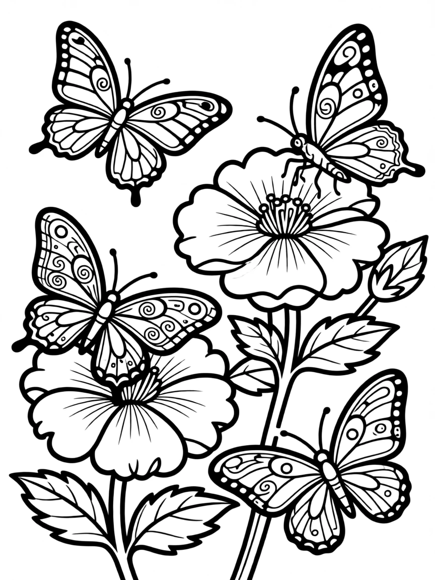 Butterflies with elaborate wing patterns on flowers