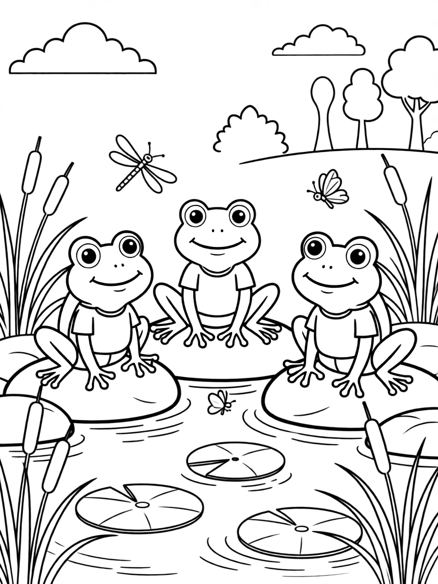Young frogs catching insects by a summer pond