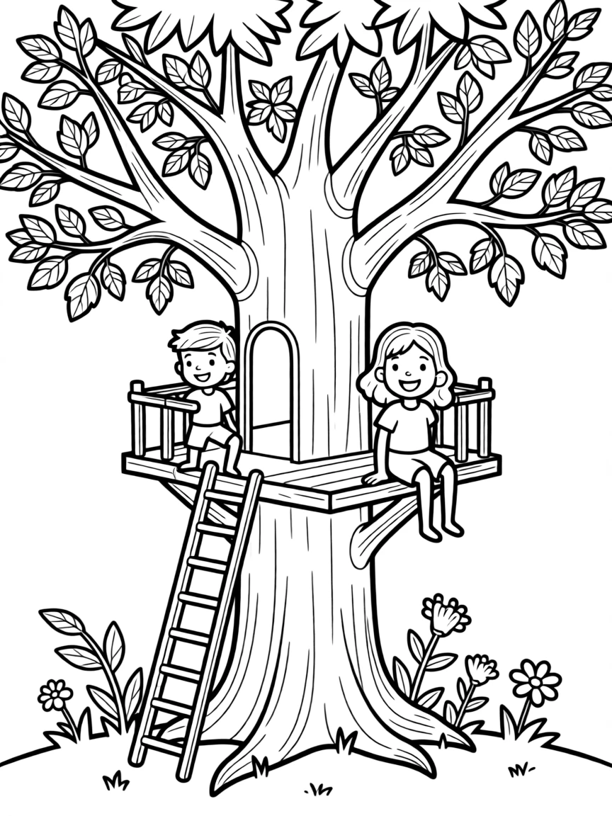 Children playing in a detailed summer tree fort