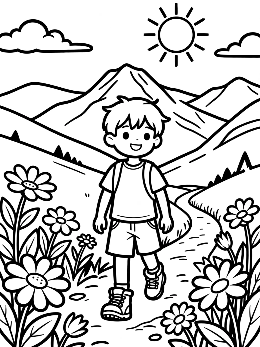 A summer mountain hiking scene with wildflowers