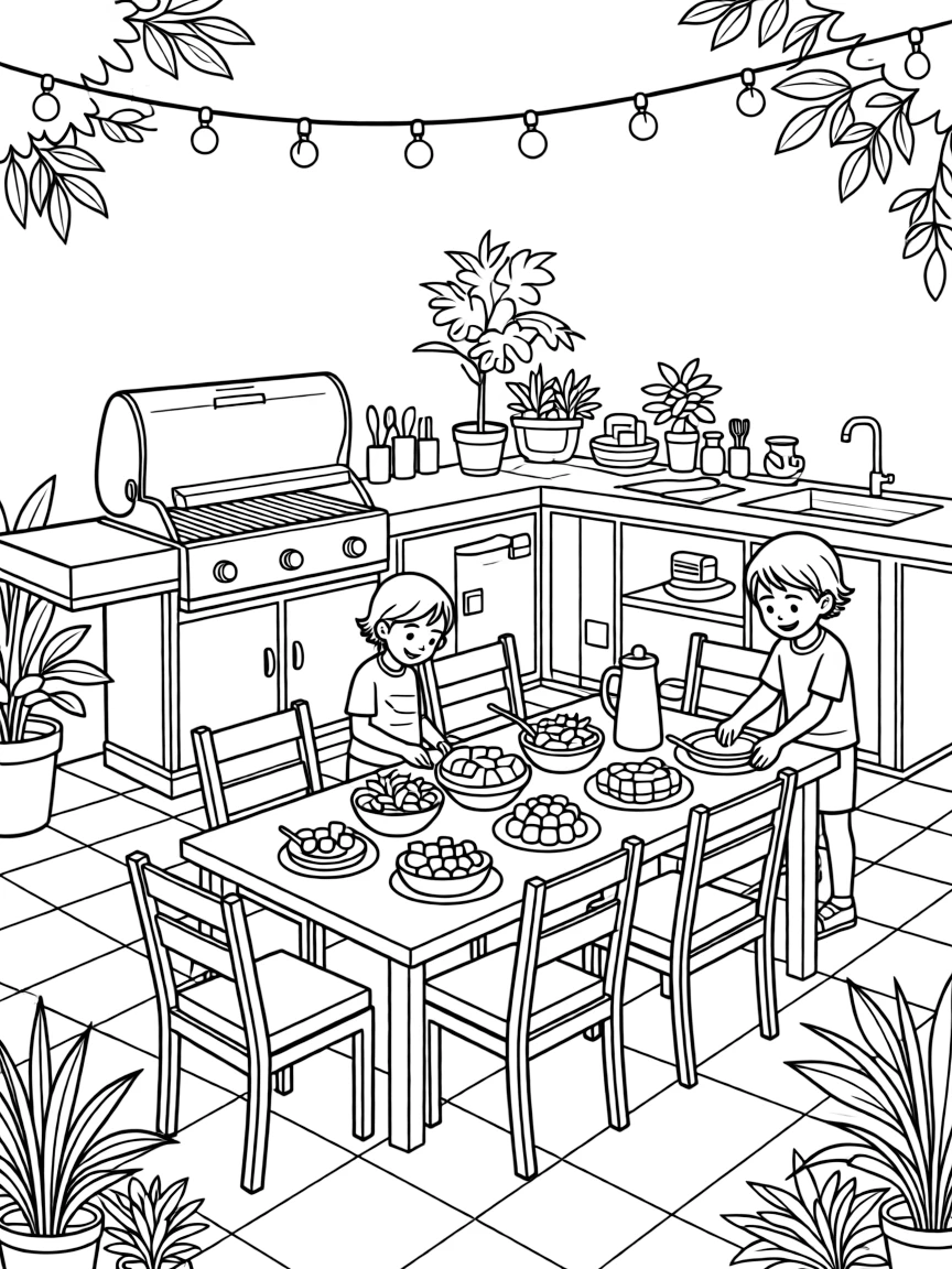 A detailed outdoor summer kitchen and dining area