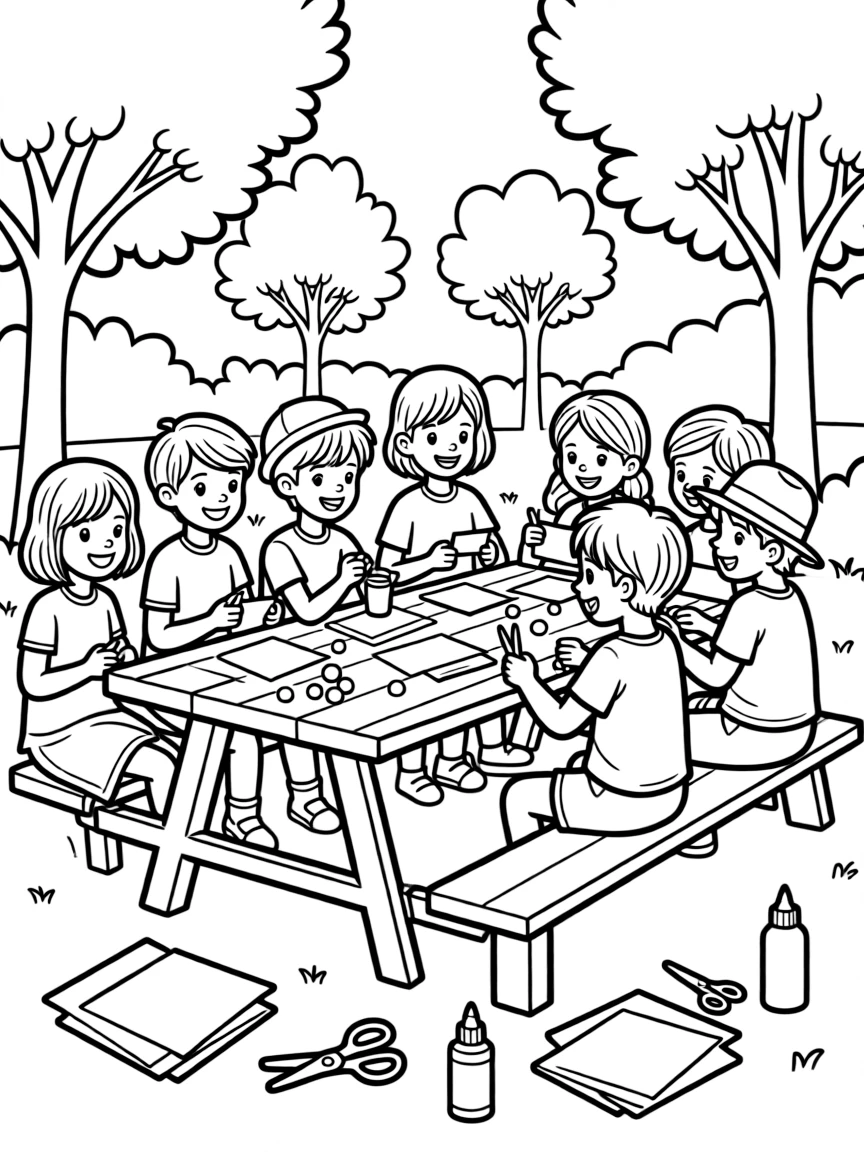 Children making summer crafts at a picnic table