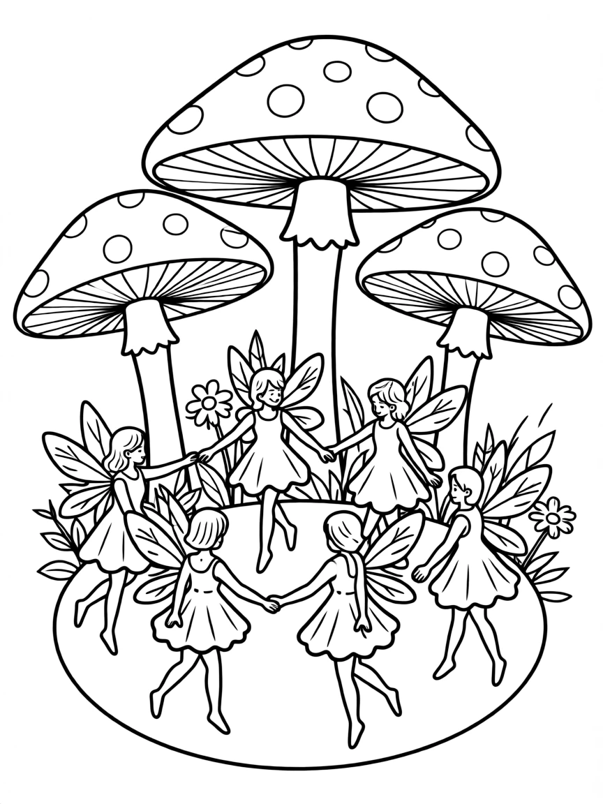Summer fairies dancing around a mushroom ring