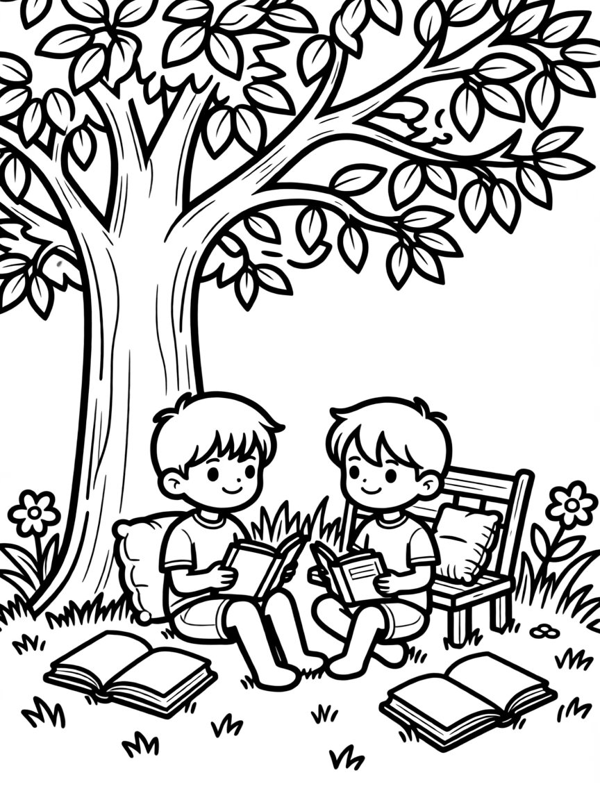 Children in a summer reading nook under a tree