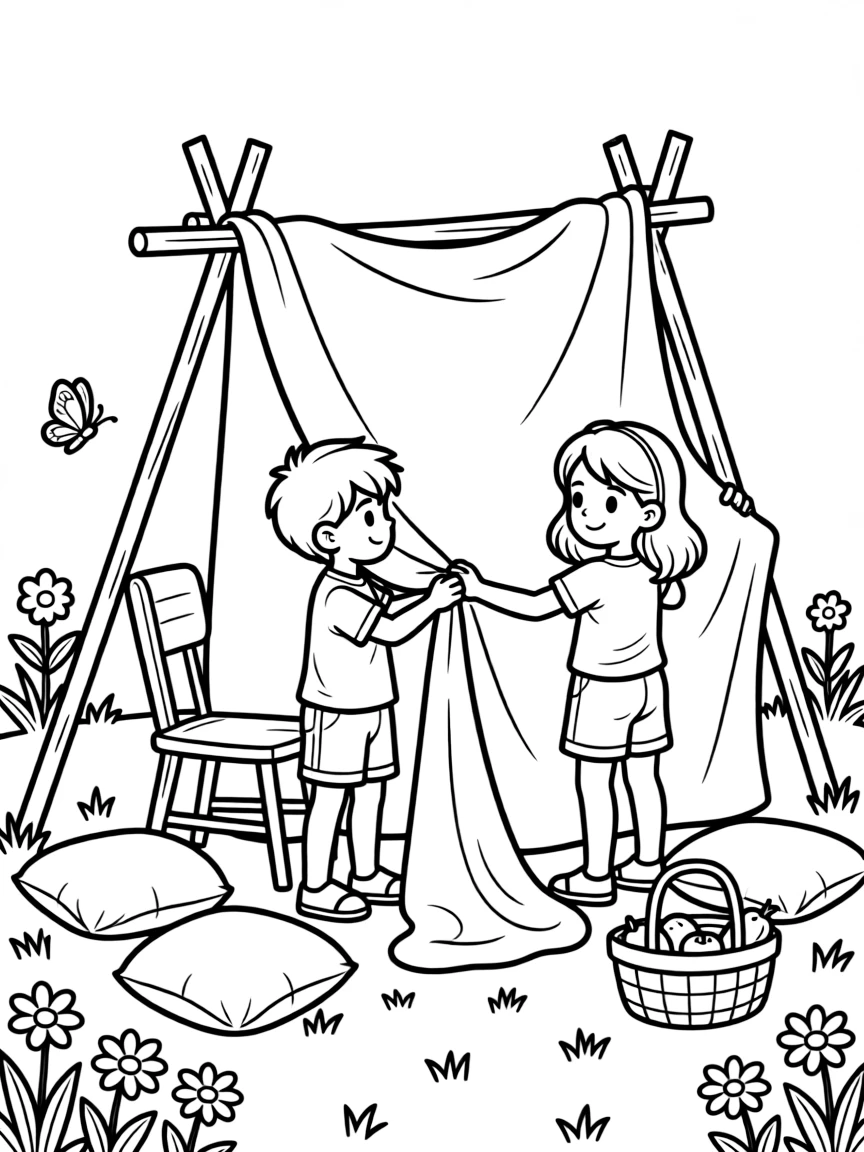 Children building a summer hideout with blankets