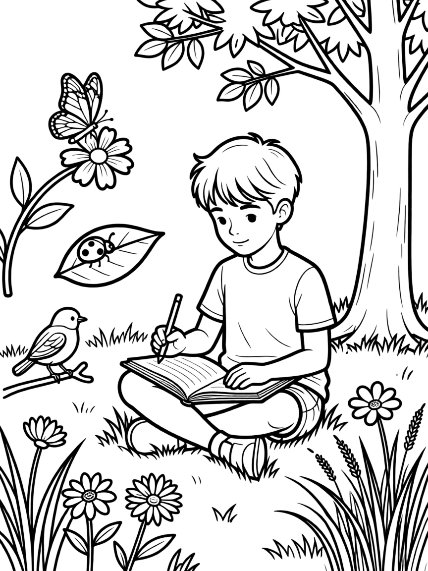 A summer nature journaling scene with specimens