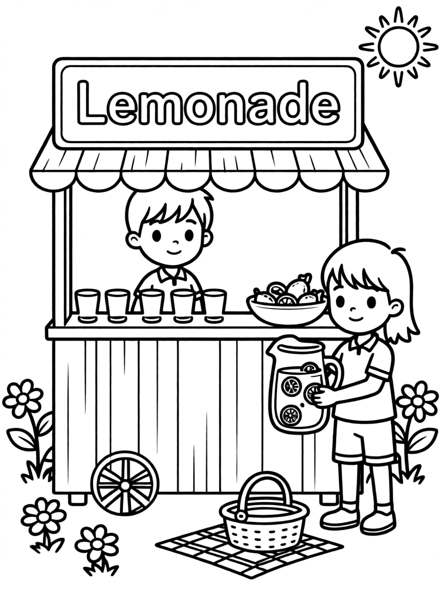 Children operating a detailed summer lemonade stand