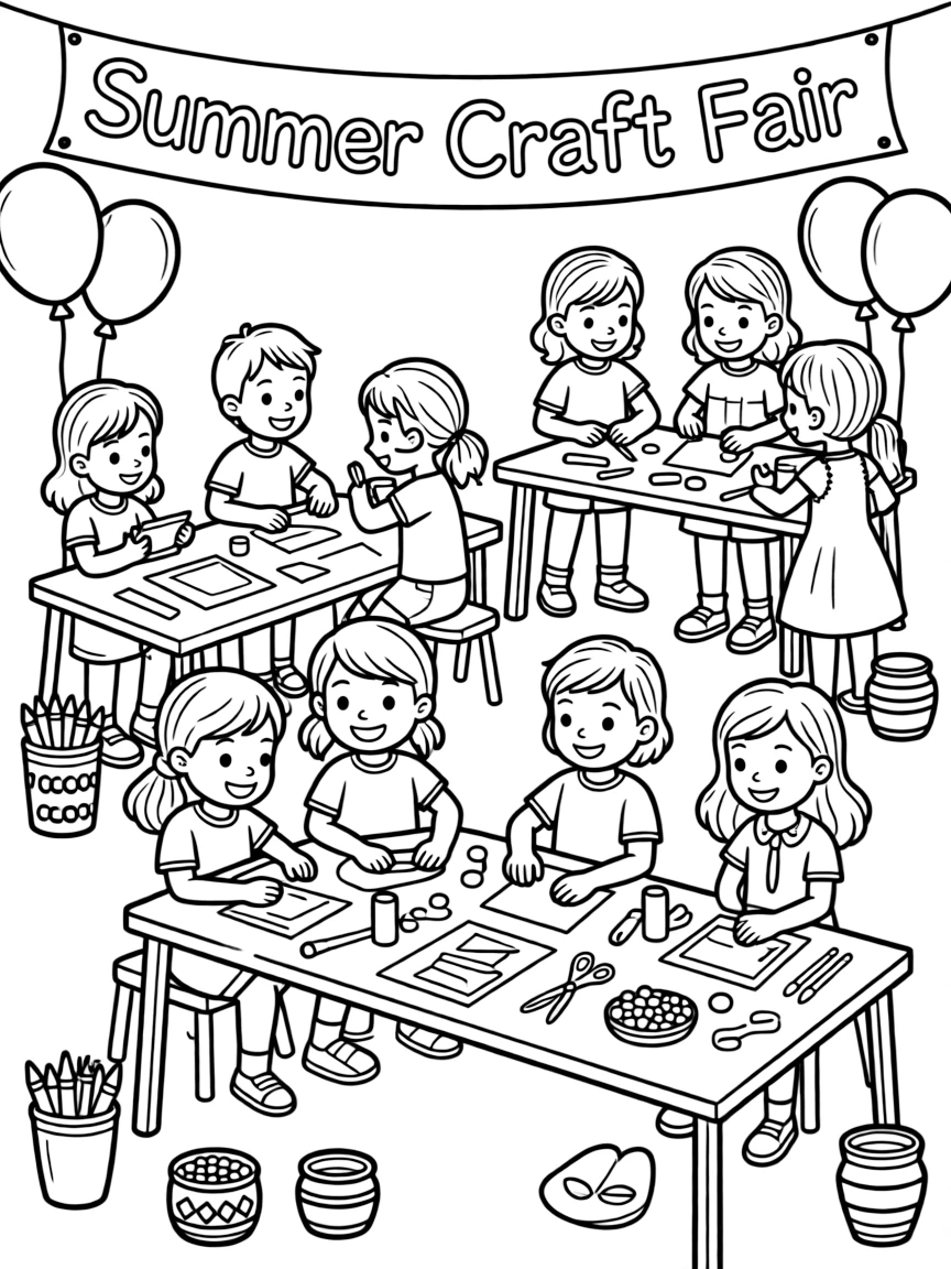 Children at a summer craft fair with projects