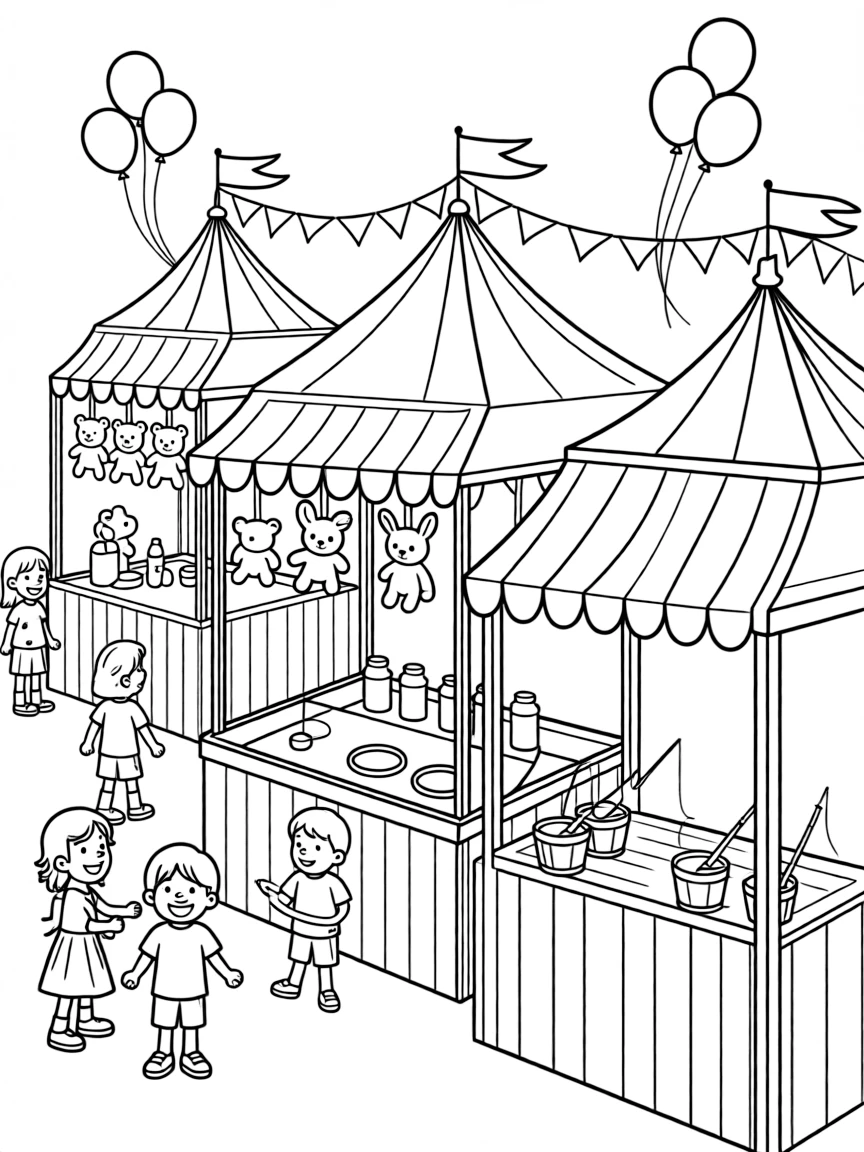 A summer carnival with detailed game booths