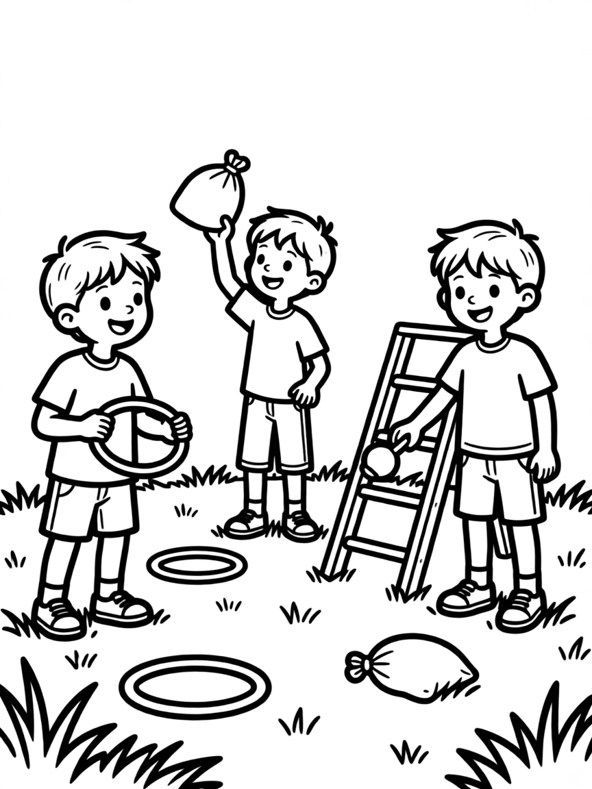 Children playing summer lawn games with equipment